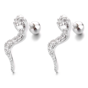 925 Sterling Silver snake stud earrings with wave design and sparkling zircon stones