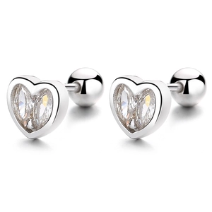 925 silver heart screw back studs with marquise-cut crystals and hollow design