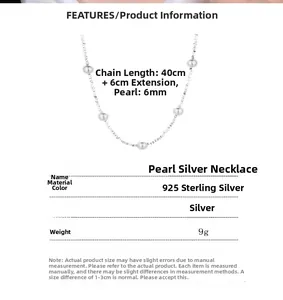 Detailed specs of 925 sterling silver pearl necklace with 40cm chain and 6cm extension