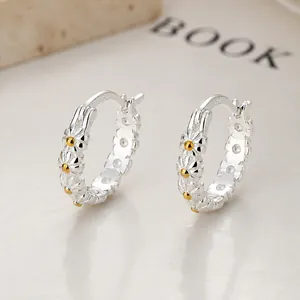S925 sterling silver daisy hoop earrings featuring gold-plated flower centers for women