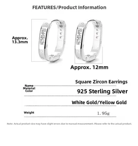 Detail specifications of 925 sterling silver square zircon earrings with dimensions and weight