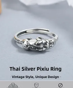 Detailed macro view of S925 sterling silver Pixiu ring with vintage antique finish texture