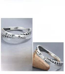 Macro de bague en argent 925 avec gravure Keep Smile et bordure en texture de corde