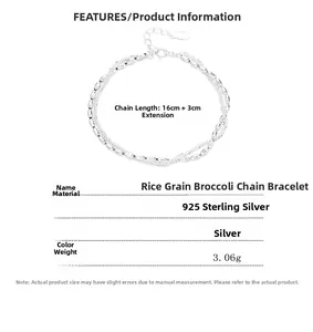 Detail specifications of 925 sterling silver rice chain bracelet with 16+3cm length