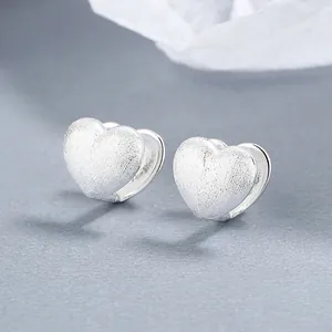 925 Sterling Silver Double Layer Heart Stud Earrings Frosted Brushed Finish Hypoallergenic Fashion Ear Jewelry For Women Daily Dating
