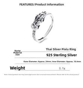 Detailed view of Thai Silver Pixiu Ring with S925 hallmark, size and weight specs