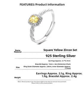 Detail view of 925 sterling silver ring with square yellow zircon and twisted band