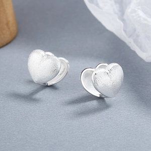 925 sterling silver heart earrings with double-layered matte brushed finish for women