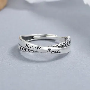 Bague Croisée en Argent Sterling 925 Rétro pour Femme Argent Thaï Vieilli Keep Smile Lettrage Bague Ajustable Ouverte Bijoux