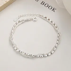 925 Sterling Silver Double Layer Bracelet For Women Sparkling Rice Bead And Gypsophila Chain Adjustable Fashion Minimalist Hand Jewelry