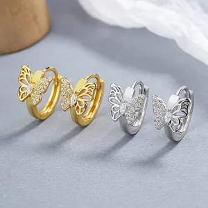 Boucles d'oreilles créoles papillon en argent 925 avec zircons en doré et argenté