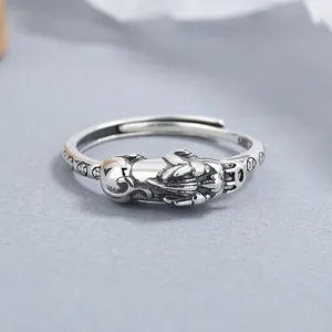 Vintage 925 Sterling Silver Pixiu Open Ring For Women Adjustable Retro Chinese Style Good Luck Wealth Mythical Beast Ring