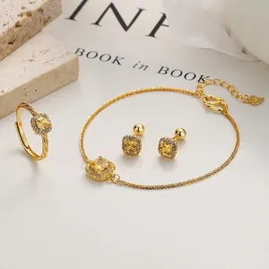 925 Sterling Silver Yellow Zirconia Square Jewelry Set Halo Rhinestone Open Ring Bracelet Stud Earrings For Women Fashion