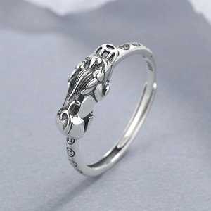 Vintage 925 sterling silver PiXiu open ring with adjustable band and antique finish