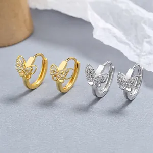 Boucles d'oreilles créoles papillon en argent 925 doré et argenté avec pavé de cristaux