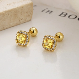 925 silver gold-plated square yellow zircon stud earrings with pavé halo and screw backs