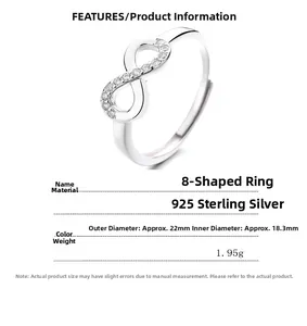 Détails macro des dimensions de la bague infini et spécifications en argent massif 925