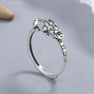 Vintage 925 sterling silver PiXiu open ring with retro finish and coin details