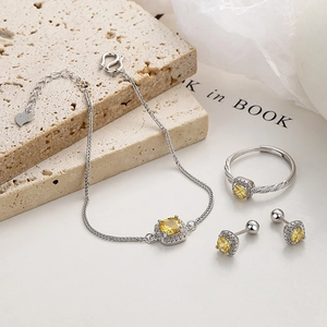 Elegant 925 sterling silver jewelry set with yellow square zircon stones and crystals
