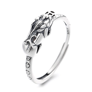 Vintage 925 sterling silver Pi Xiu ring with adjustable open band for women