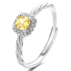 925 silver halo ring with yellow square zirconia and twisted rope band in a 45-degree view