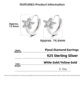 Detailed size chart for 925 sterling silver flower hoop earrings with zircon pavé inlay
