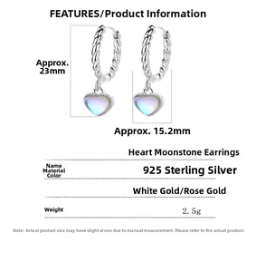 Detailed size specifications for S925 sterling silver heart moonstone hoop earrings