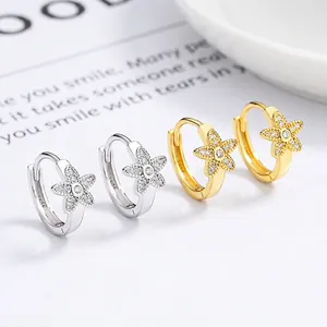 Fashion 925 Sterling Silver Flower Star Hoop Earrings Pave Rhinestone Small Huggie Earrings For Women Elegant Jewelry Gift