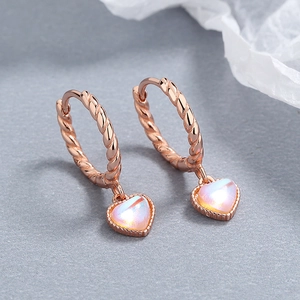Rose gold heart moonstone hoop earrings with twisted rope design for women