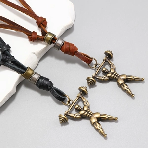 Collier pendentif haltérophile vintage en bronze avec cordon en cuir pour fitness