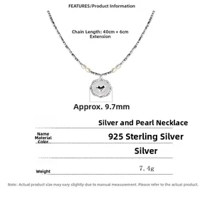 Detail of 925 sterling silver pearl necklace showing specifications and dimensions