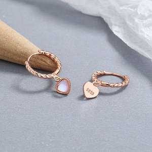 925 sterling silver heart-shaped hoop earrings with iridescent moonstone and rose gold finish