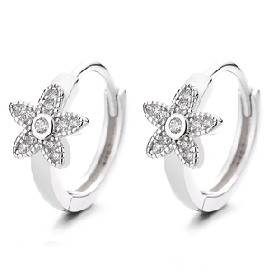 925 Sterling Silver flower hoop earrings with sparkling cubic zirconia on white background