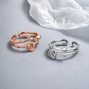 925 sterling zilveren dubbellaagse roosbloem open ring in rose goud en zilver