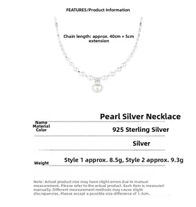 Detailed specs of 925 sterling silver pearl necklace with 40cm chain and 5cm extension