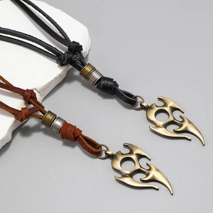 Adjustable vintage leather cord necklace with tribal totem pendant for men and women
