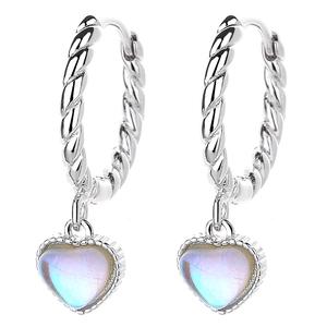 925 silver heart moonstone hoop earrings with twisted rope design and iridescent glow