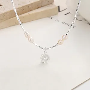 Artificial Pearl Necklace 925 Sterling Silver Round Heart Pendant Square Beads Choker For Women Elegant Jewelry