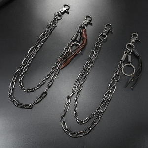 Multi-layer gunmetal chain for trousers with leather tassels and punk rock style