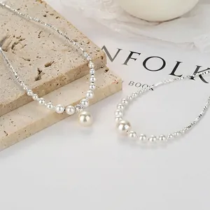 925 Sterling Silver Artificial Pearl Necklace For Women Elegant Crushed Silver Style Clavicle Chain Lightweight Luxury Zirconia Pendant Jewelry Gift