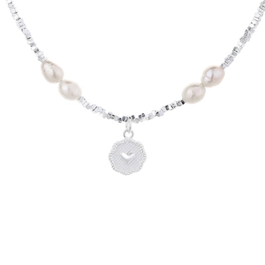 925 silver heart pendant necklace with irregular baroque pearls and silver square beads
