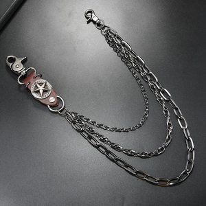 Triple layer gunmetal jeans chain with star leather patch and lobster clasps detail