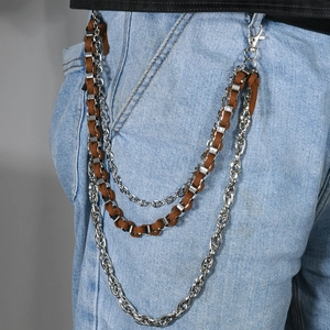 Chaîne de pantalon punk hip-hop à trois couches avec cuir tressé marron
