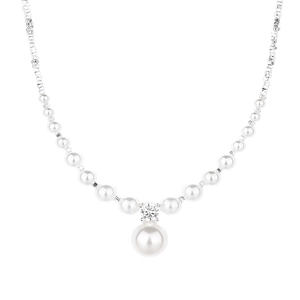 Elegant 925 sterling silver pearl necklace with crystal center and large round pendant