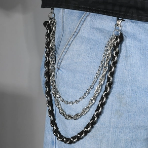 Chaîne de pantalon punk multicouche en métal argenté avec sangles tressées pour jeans