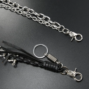 Braided leather trouser chain with silver metal fringes and lobster clasps for jeans