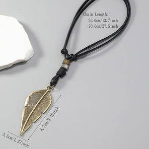 Vintage bronze leaf pendant necklace with adjustable black leather cord for men and women