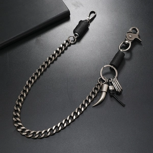 Detail view of gunmetal punk hip hop wallet chain with horn pendant and lobster clasps