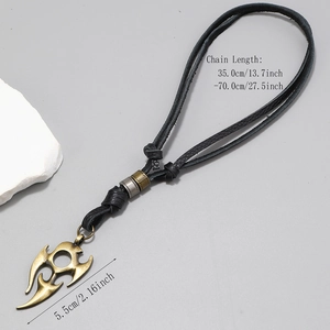 Adjustable long leather necklace with bronze totem pendant and 35cm-70cm adjustable cord