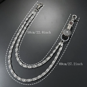 Silver punk multilayer metal pants chain for men with floral motif and leather accent